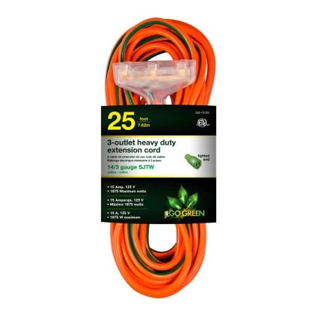 Gogreen SJTW Extension Cord, 14 AWG, Outdoor, 14/3, 3 Outlets, Orange, 25 ft GG-15125